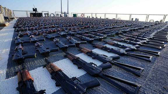 A photo of AK-47s seized while being transferred from the IRGC to the Houthis in Yemen