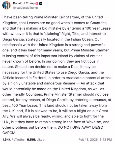 Trump post on Truth Social, February 18, 2026