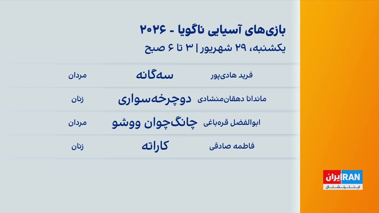 برنامه ورزشکاران ایران در بیستمین دوره بازی‌های آسیایی ناگویا در یکشنبه ۲۹ شهریور