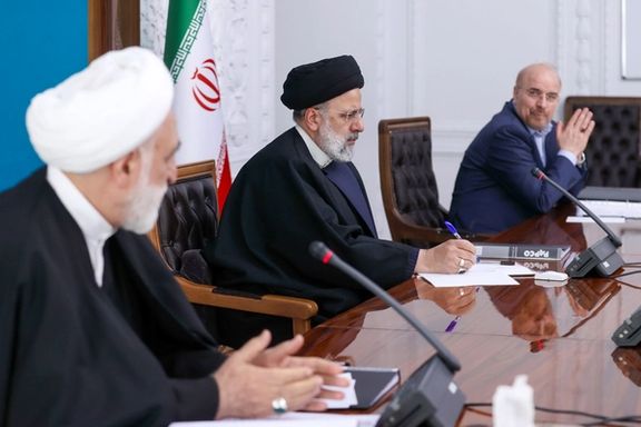 (From left to right) Iran’s Chief Justice Gholam-Hossein Mohseni-Ejei, President Ebrahim Raisi, and Parliament Speaker Mohammad-Bagher Ghalibaf during a meeting on economic coordination in Tehran, March 12, 2024