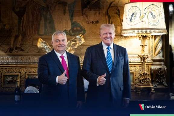 دیدار ویکتور اوربان، نخستوزیر مجارستان (سمت چپ) و دونالد ترامپ، نامزد جمهوریخواهان در انتخابات ریاستجمهوری آمریکا (سمت راست)، فلوریدا، ۲۱ تیر
