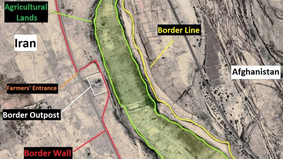 A map of the Iranian border with Afghanistan and a border wall erected in a wrong area   