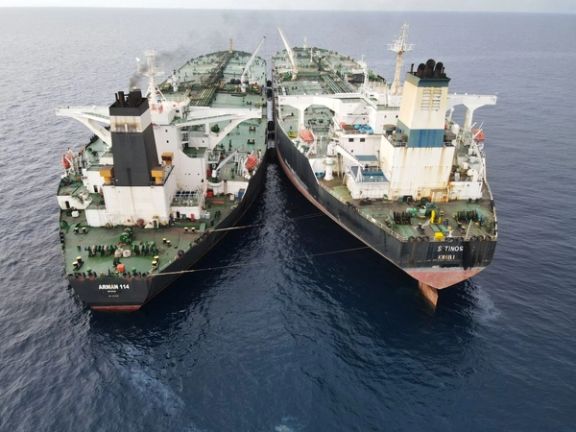 The Iranian-flagged MT Arman 114, and the Cameroon-flagged MT S Tinos, as they were spotted conducting a ship-to-ship oil transfer without a permit, near Indonesia's North Natuna Sea, Indonesia, July 7, 2023