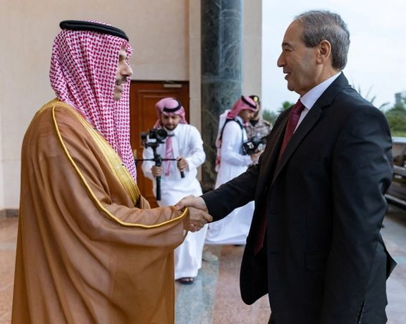 Saudi Foreign Minister Prince Faisal bin Farhan bin Abdullah meets with his Syrian counterpart Faisal Mekdad in Jeddah, April 12, 2023