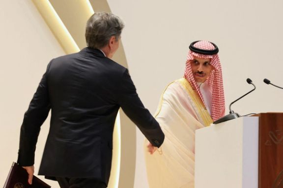 Saudi Foreign Minister Faisal Bin Farhan and US Secretary of State Antony Blinken shake hands, as they attend a joint press conference, at the Intercontinental Hotel in Riyadh, Saudi Arabia, June 8, 2023.