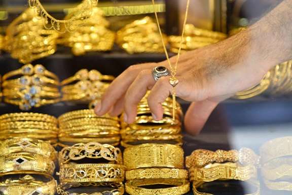 Gold bracelets on display in a jewellery store in Iran