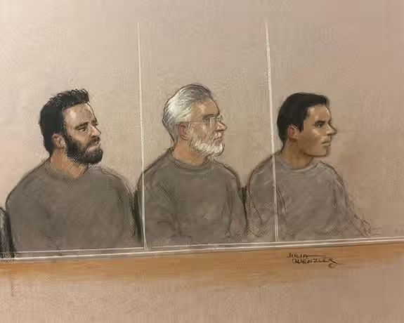 Mostafa Sepahvand, 39, Shapoor Noori, 55, and Farhad Javadi-Manesh, 44, in a court sketch from Westminster magistrates’ court / Credit: SWNS