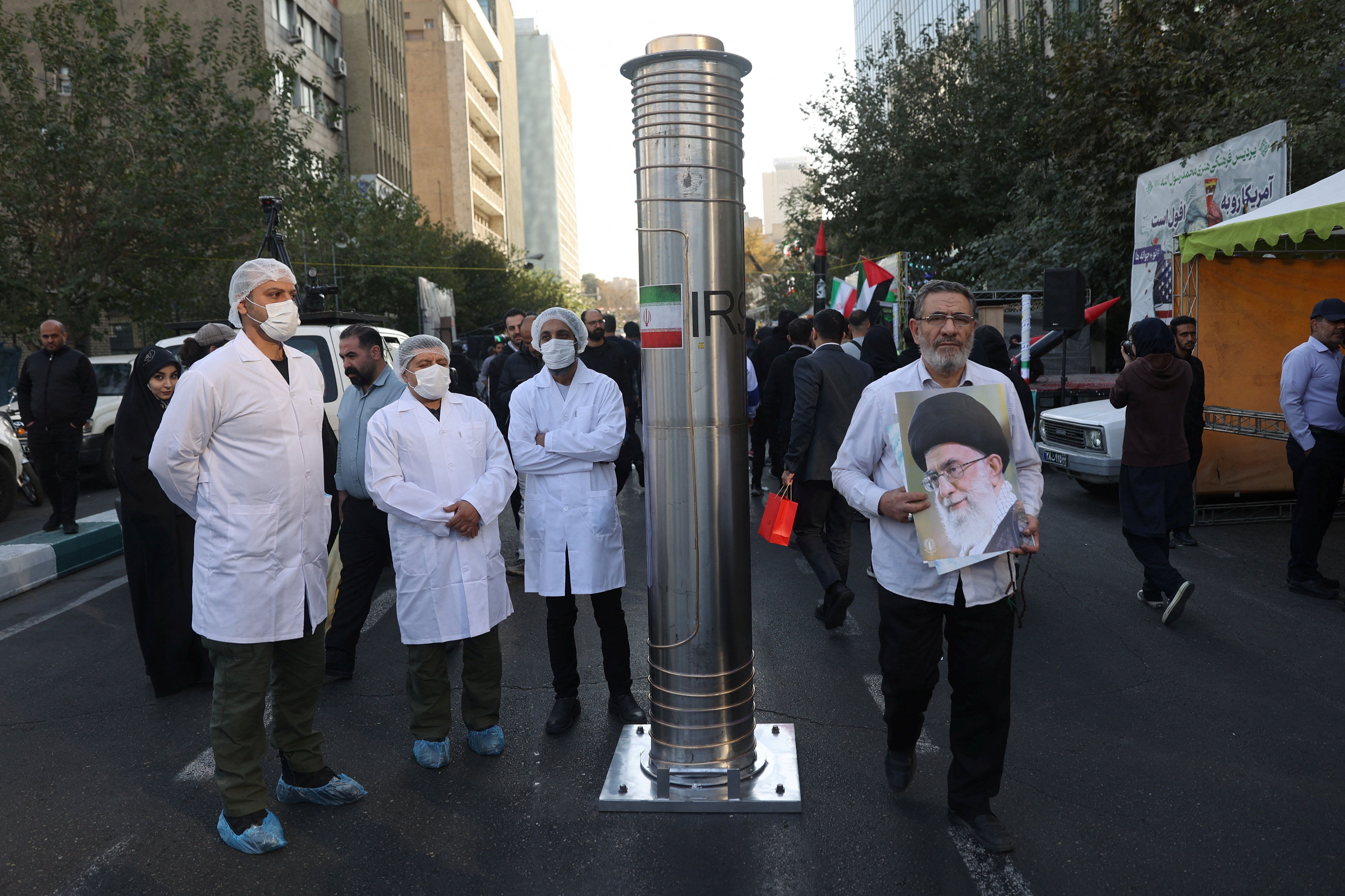 A model of a centrifuge is displayed during the rallies in Tehran, November 4, 2025. 