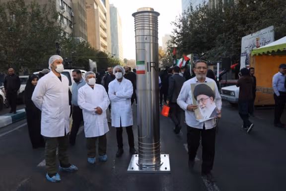 A model of a centrifuge is displayed during the rallies in Tehran, November 4, 2025.