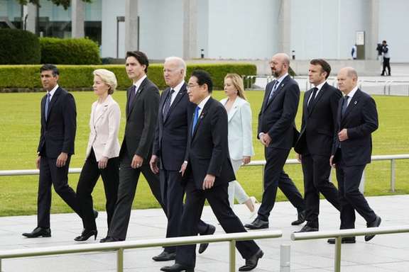 Leaders of G& countries, EU officials walk to a flower wreath laying ceremony at the Cenotaph for Atomic Bomb Victims as part of the G7 Hiroshima Summit in Hiroshima, Japan, 19 May 2023.