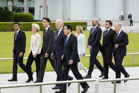 Leaders of G& countries, EU officials walk to a flower wreath laying ceremony at the Cenotaph for Atomic Bomb Victims as part of the G7 Hiroshima Summit in Hiroshima, Japan, 19 May 2023.