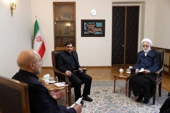 Interim President Mohammad Mokhber (center) with Parliament Speaker Mohammad Bagher Ghalibaf (left) and Judiciary Chief Gholamhossein Mohseni Ejei (right), May 21, 2024.
