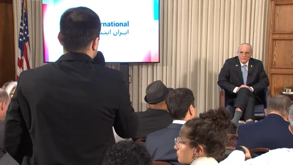 An audience member asks the Israeli ambassador a question during the townhall held on June 24, 2025.