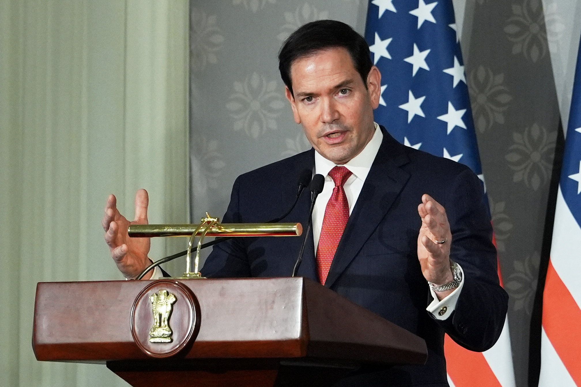 US Secretary of State Marco Rubio speaks at a joint presser with India’s Minister of External Affairs S. Jaishankar (not pictured) following their talks in New Delhi on May 24, 2026. 
