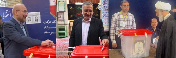 (From left) Mohammad Bagher Ghalibaf, Alireza Zakani, and Mostafa Pourmohammadi casting their votes on July 5, 2024