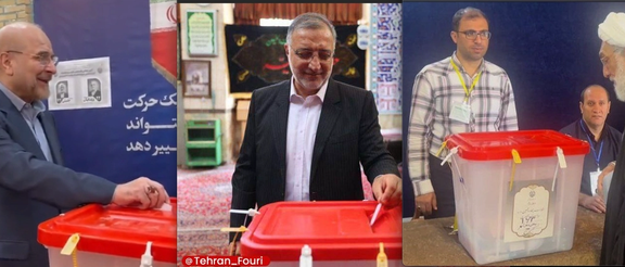 (From left) Mohammad Bagher Ghalibaf, Alireza Zakani, and Mostafa Pourmohammadi casting their votes on July 5, 2024