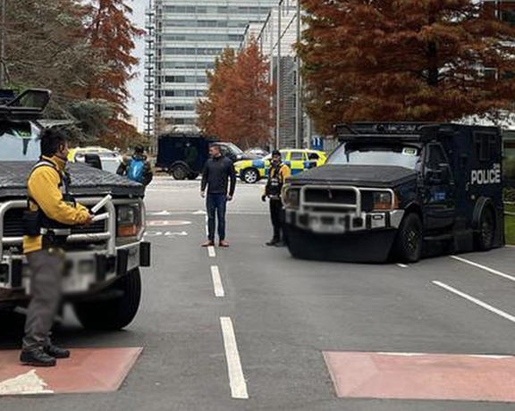 Police armed vehicles outside Iran International's headquarters in London, November 19, 2022
