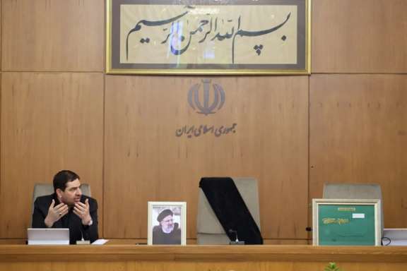 A black cloth draped over late Iran's President Ebrahim Raisi's chair during Iran's government cabinet in Tehran, Iran, May 20, 2024.