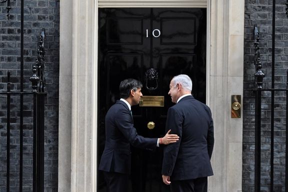 British Prime Minister Rishi Sunak welcomes Israeli Prime Minister Benjamin Netanyahu at Downing Street in London, March 24, 2023