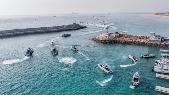 Islamic Revolutionary Guard Corps (IRGC) Navy's speedboats move during an exercise in Abu Musa Island, in this picture obtained on August 2, 2023. I