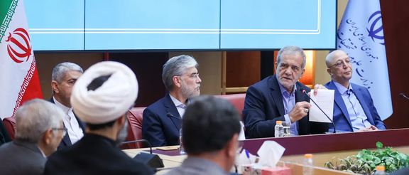 During the introduction session of Iran's new Minister of Science Hossein Simaei Sarraf (third from right) on August 29, President Masoud Pezeshkian (second from right) addresses the attendees