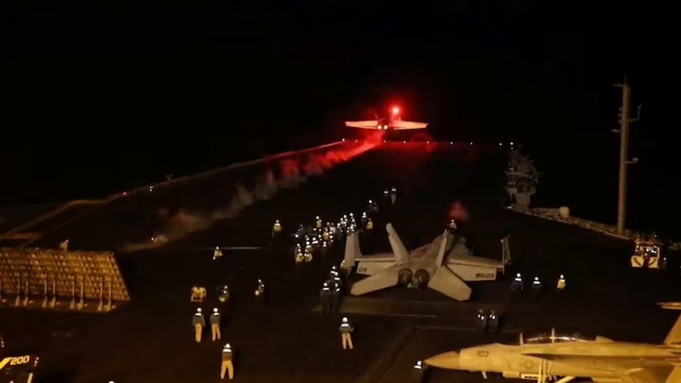 An aircraft takes off to join the U.S.-led coalition to conduct air strikes against military targets in Yemen, aimed at the Iran-backed Houthi militia that has been targeting international shipping in the Red Sea, from an undisclosed location, in this handout picture released on January 12, 2024. 