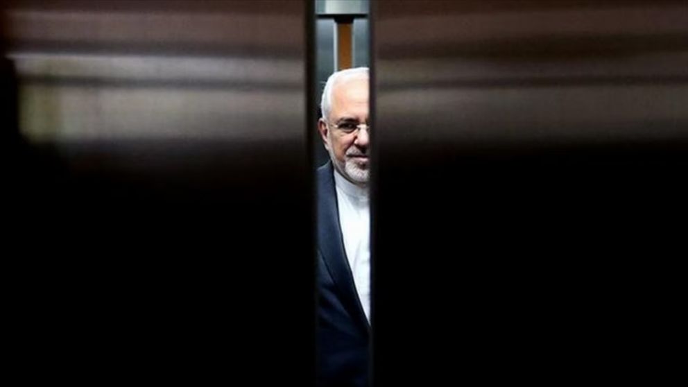 Former Foreign Minister Mohammad Javad Zarif behind the doors of an elevator  