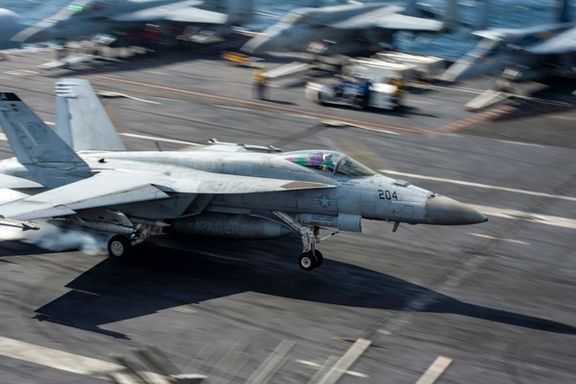 A US Navy warplane on the deck of aircraft carrier Eisenhower in the Red Sea in December 2023