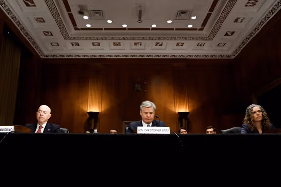 US Homeland Security Secretary Alejandro Mayorkas, FBI Director Christopher Wray and National Counterterrorism Center Director Christine Abizaid testify before a Senate Homeland Security and Governmental Affairs hearing on threats to the United States, on Capitol Hill in Washington, October 31, 2023.