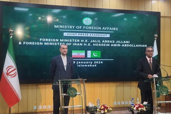 Iranian Foreign Minister Hossein Amir-Abdollahian (left) and his Pakistani counterpart Jalil Abbas Jilani during a joint press conference in Islamabad on January 29, 2024