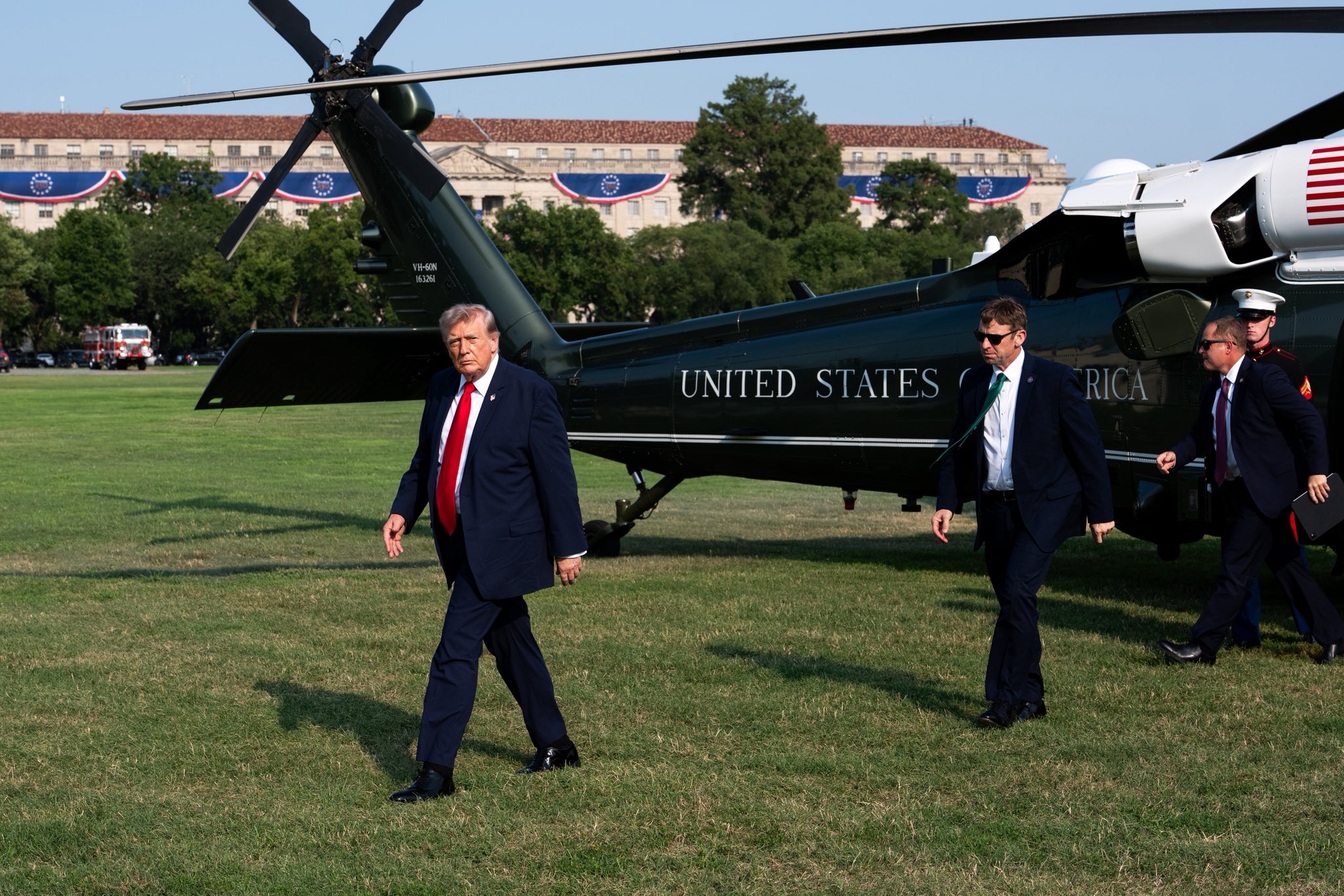 President Donald Trump walks from Marine One, in an image posted by the White House on X.