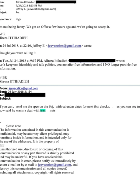 Email exchange from July 24, 2018, between Alireza Ittihadieh and Jeffrey Epstein discussing an offer, the sale of information, and political commentary.