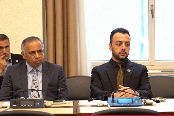 Iran International’s executive editor, Aliasghar Ramezanpoor and TV host Pouria Zeraati at the opening of the Geneva Summit