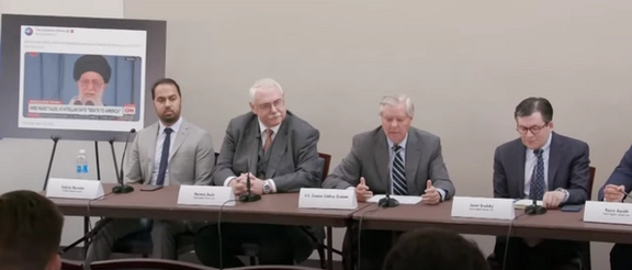 Panelists during the Roundtable on Correcting US Policy Toward Iran hosted by US Senator Lindsey Graham (3rd left) on Capitol Hill on October 18, 2023