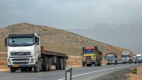 Trucks on the Iranian side of the border with Turkey. October 2021