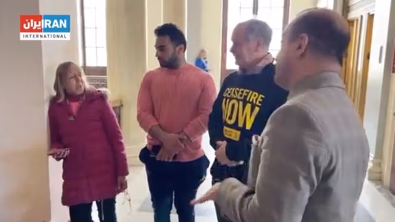 Iran International's correspondent in Washington DC Arash Alaei and Codepink’s co-founder Medea Benjamin (March 21, 2024)