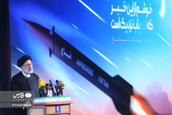 President Ebrahim Raisi speaking during a ceremony to showcase Iran’s hypersonic ballistic missile Fattah on June 6, 2023