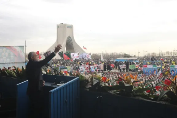 Iranian President Masoud Pezeshkian speaks during the 47th anniversary of the Islamic Revolution in Tehran, Iran, February 11, 2026.